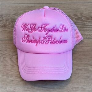 Pink Embroidered Trucker Hat - "We Go Together Like Shrimp & Petroleum"